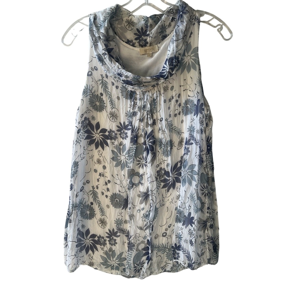 Ambra‎ Italy Blue White Floral 100% Silk Cowl Neck Sleeveless Top Blouse Small